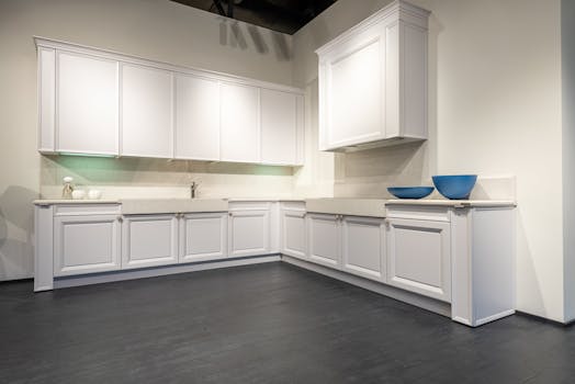 Contemporary interior with new empty units of white color on black laminate in spacious kitchen