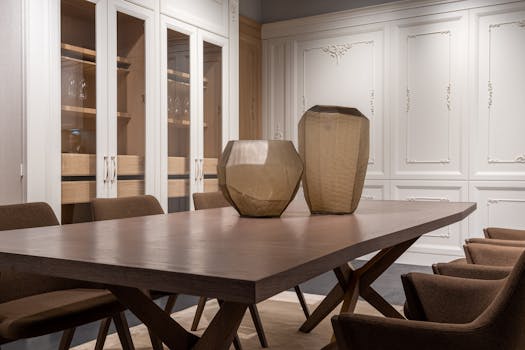 Stylish dining room with modern decor and elegant furnishings, featuring a wooden table and decorative elements.
