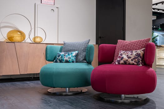 Stylish and cozy lounge featuring vibrant armchairs and creative decor, perfect for contemporary interiors.