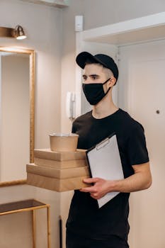 A delivery man wearing a black mask holds packages and a clipboard in an indoor setting.