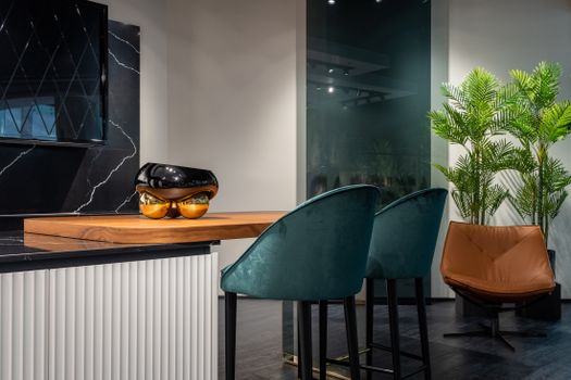Comfortable blue high chairs near counter in trendy modern kitchen decorated with lush potted plants in evening