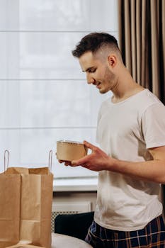 A man in a white shirt receives food delivery in a paper bag inside a home during the day.