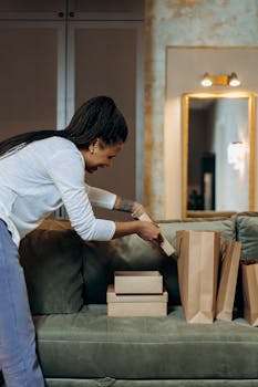 A woman enjoys unpacking her online shopping deliveries at home, showcasing the convenience and excitement of e-commerce.