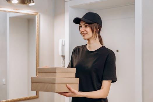 A cheerful delivery woman in a black cap and t-shirt holds cardboard boxes indoors, ready for delivery.
