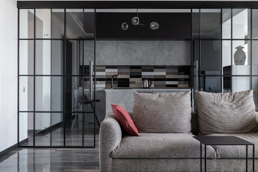 Contemporary living room with cozy sofa and open kitchen view.