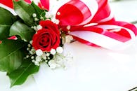 红玫瑰特写，搭配丝带和满天星，非常适合庆祝活动