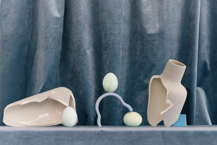 Still Life Compositions With Eggs And Pieces Of A Broken Vase