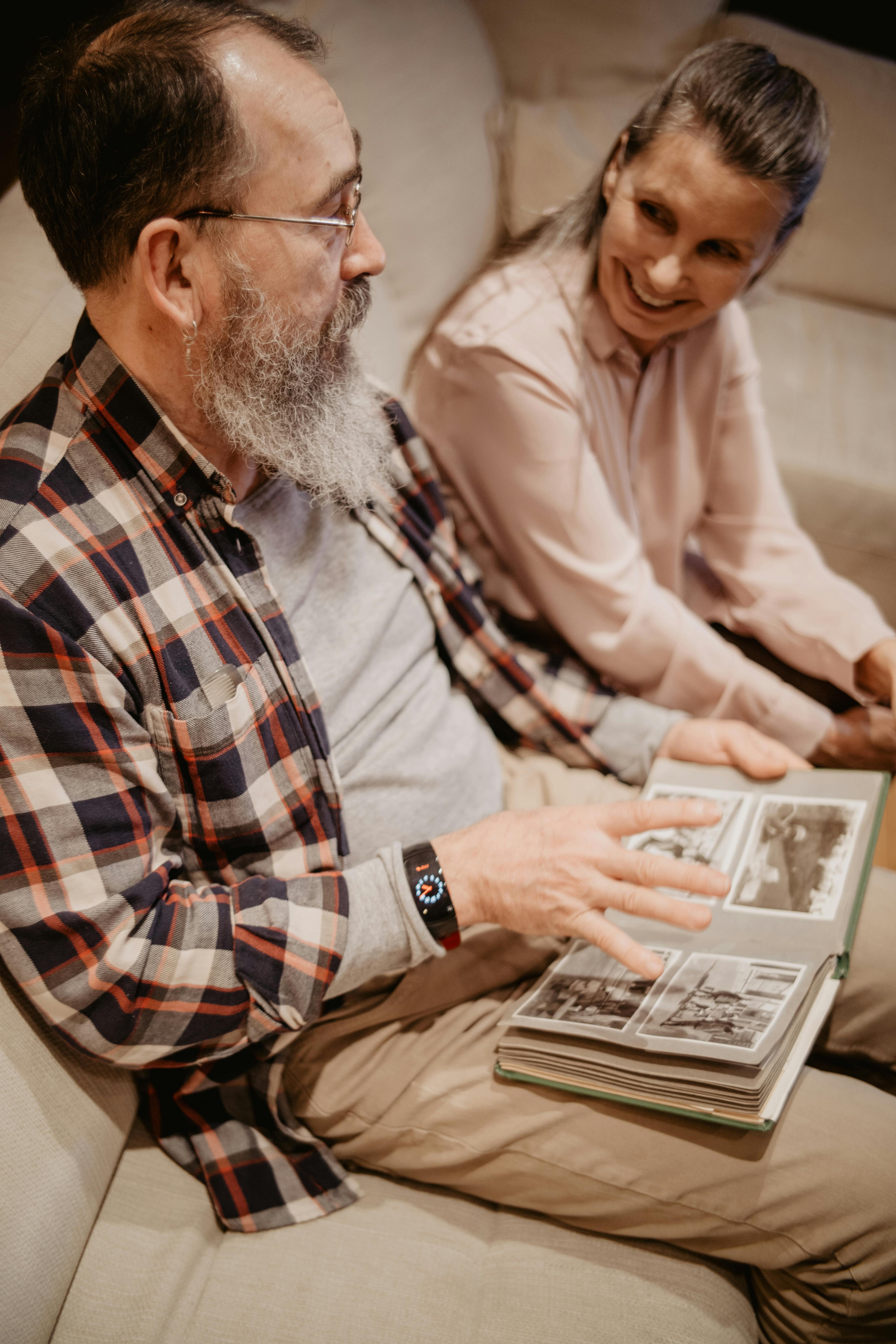 elderly couple looking at each other