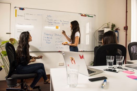 Business women discussing strategy at a whiteboard in a modern office setting.