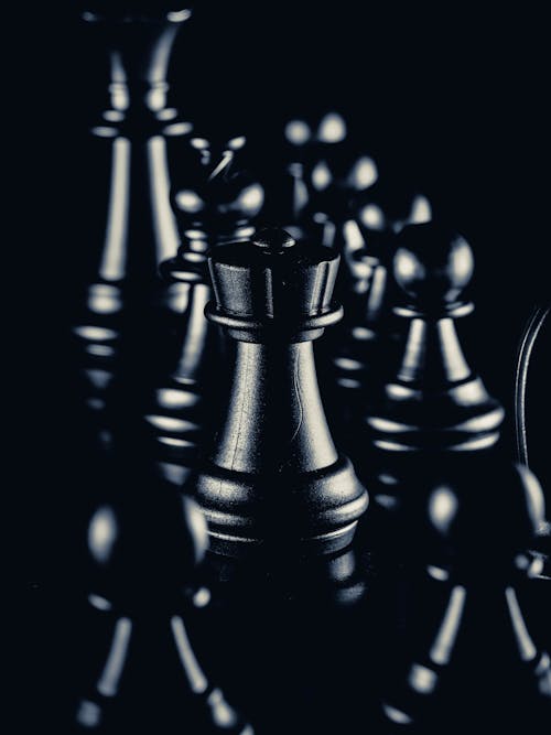 Grayscale Photo of a Chess Pieces