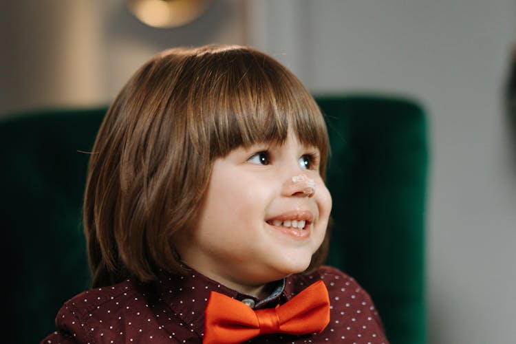 Child Wearing Red Bow Tie With Icing On Nose Smiling