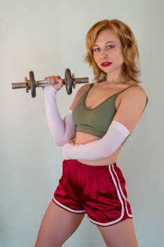 Confident young woman in activewear lifting a dumbbell in a studio setting.