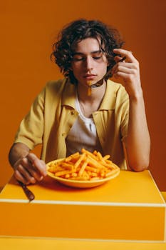 Curly-haired young man in yellow enjoying a plate of french fries against an orange backdrop.