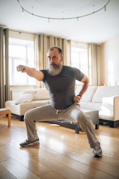 Senior man exercising at home, focusing on flexibility and wellness.