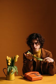 Stylish young man with curly hair contemplating tulip flowers against orange backdrop.