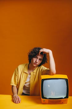 Portrait of a bored young man with curly hair, leaning on a retro television set with orange background.