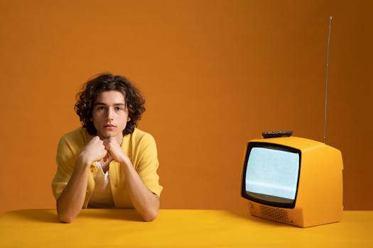 Stylish young adult with curly hair poses with a vintage TV against an orange backdrop.
