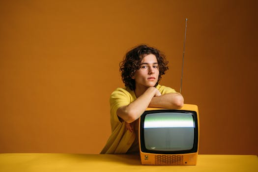 Trendy young man with curly hair in yellow fashion posing with an old TV set.