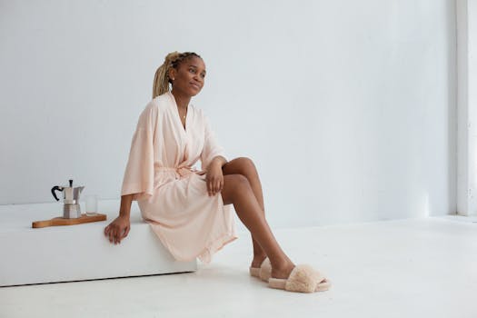 Woman in robe sitting indoors with a moka pot on a minimalist setting. Relaxed and serene ambiance.