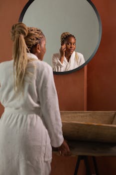 Woman in bathrobe looking at herself in a round mirror within a bathroom setting.