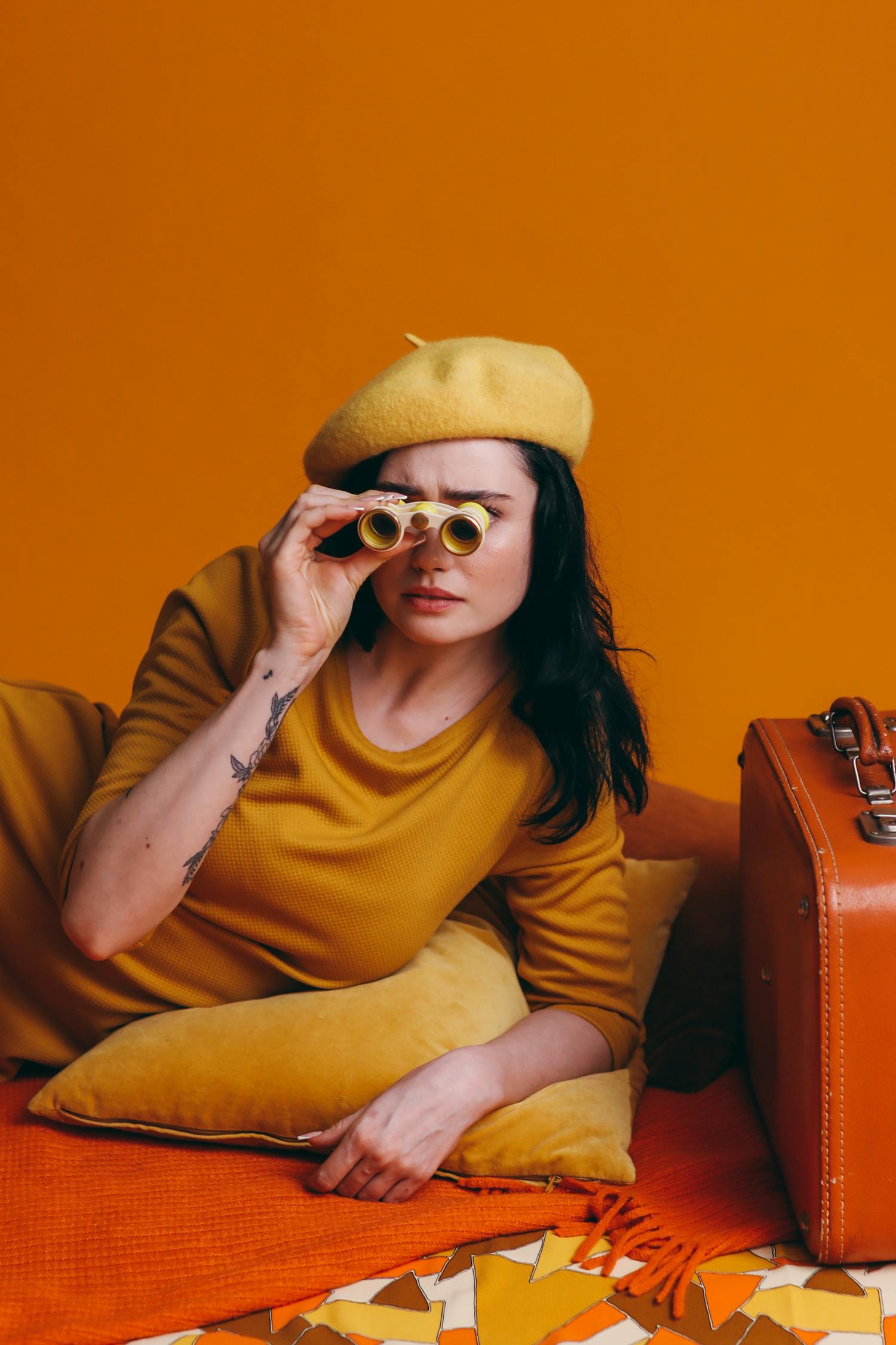 Woman in Yellow Long Sleeve Shirt Wearing Yellow Beret