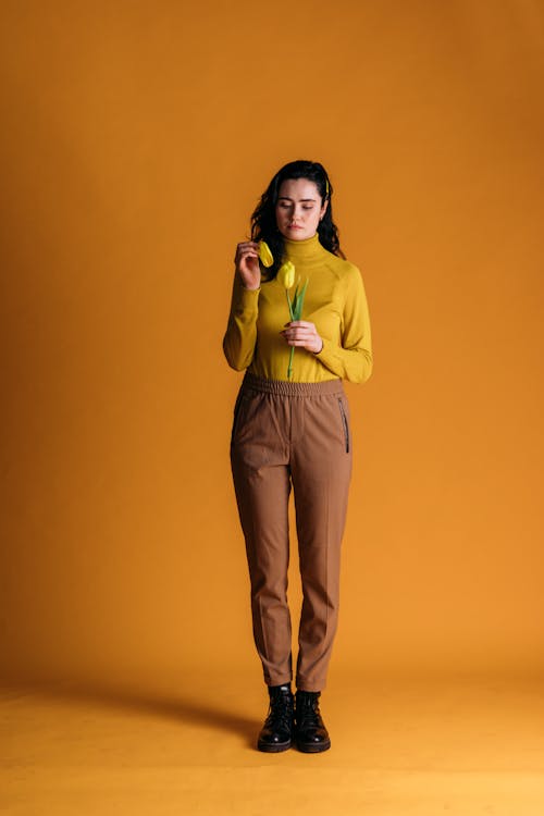 Yellow shirt online and brown pants