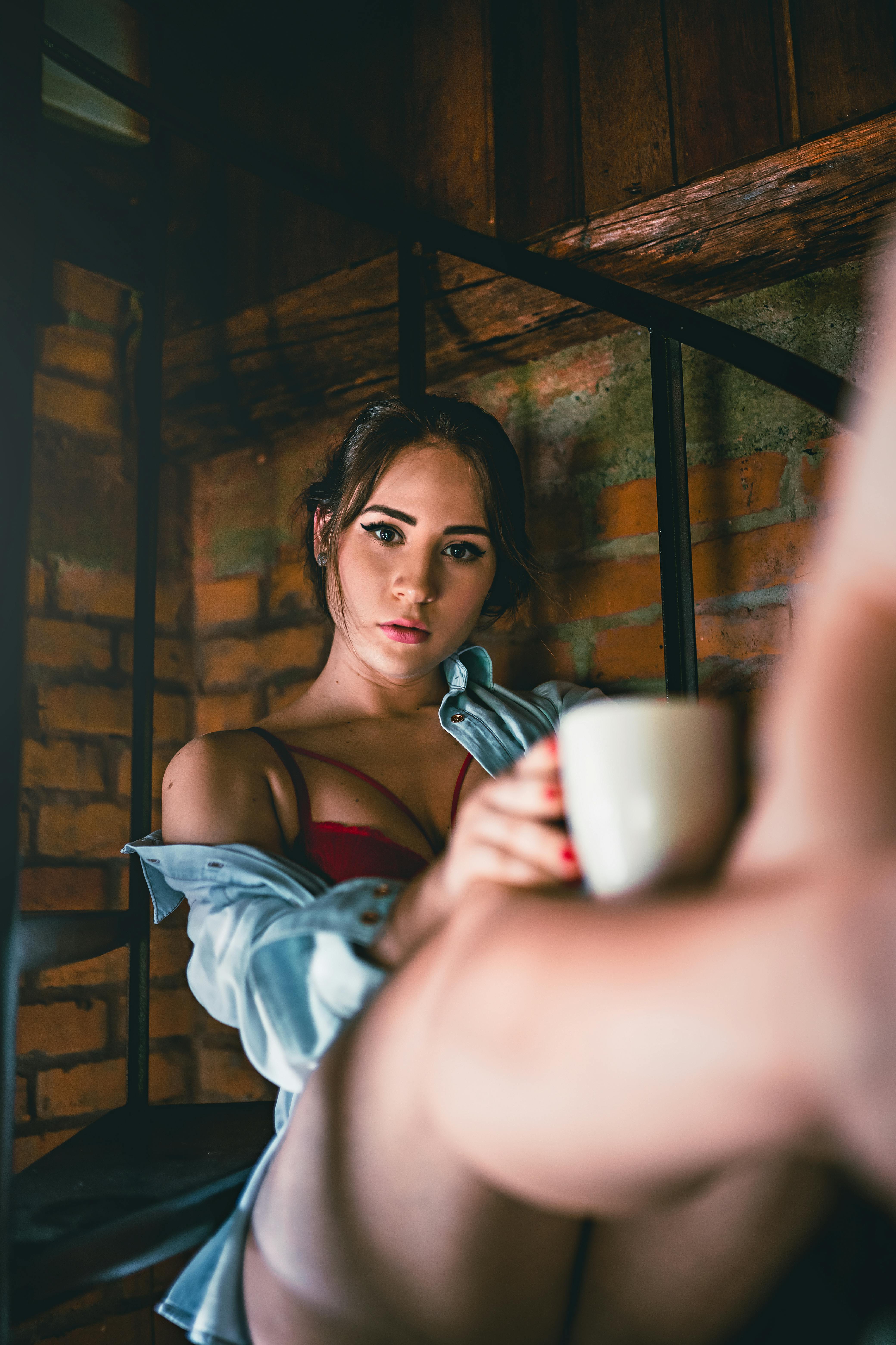 Calm Nude Woman Lying Bright Floor Looking Cup Coffee Stock Photo