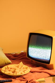 Vintage TV showing static on a bed with french fries in a warm, nostalgic setting.