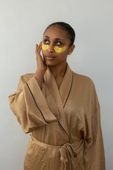 Dreamy African American female with hydrogel eye patches touching face while looking up on light background