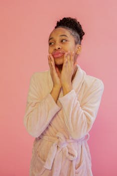 A young black teen girl enjoying skincare in a cozy bathrobe against a pink background.