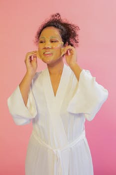 Smiling woman in a bathrobe applying a facial mask against a pink background.