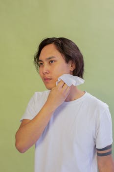 Asian man in white t-shirt using a wet towel for skincare, isolated on green background.