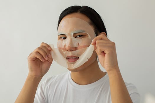 A young man removes a hydrating sheet mask, focusing on skincare and rejuvenation.