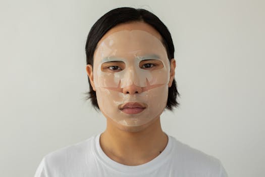 A young man with a sheet mask on his face for skin care in a studio setting.