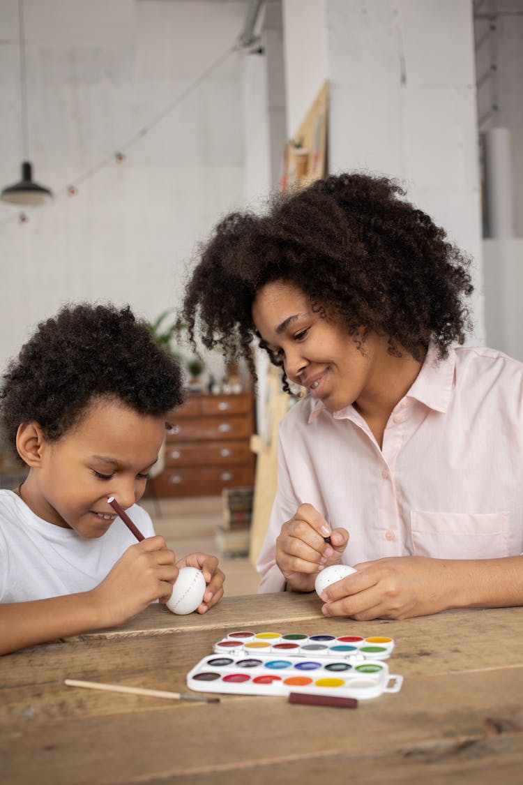 Mother And Son Painting With Poster Paint 