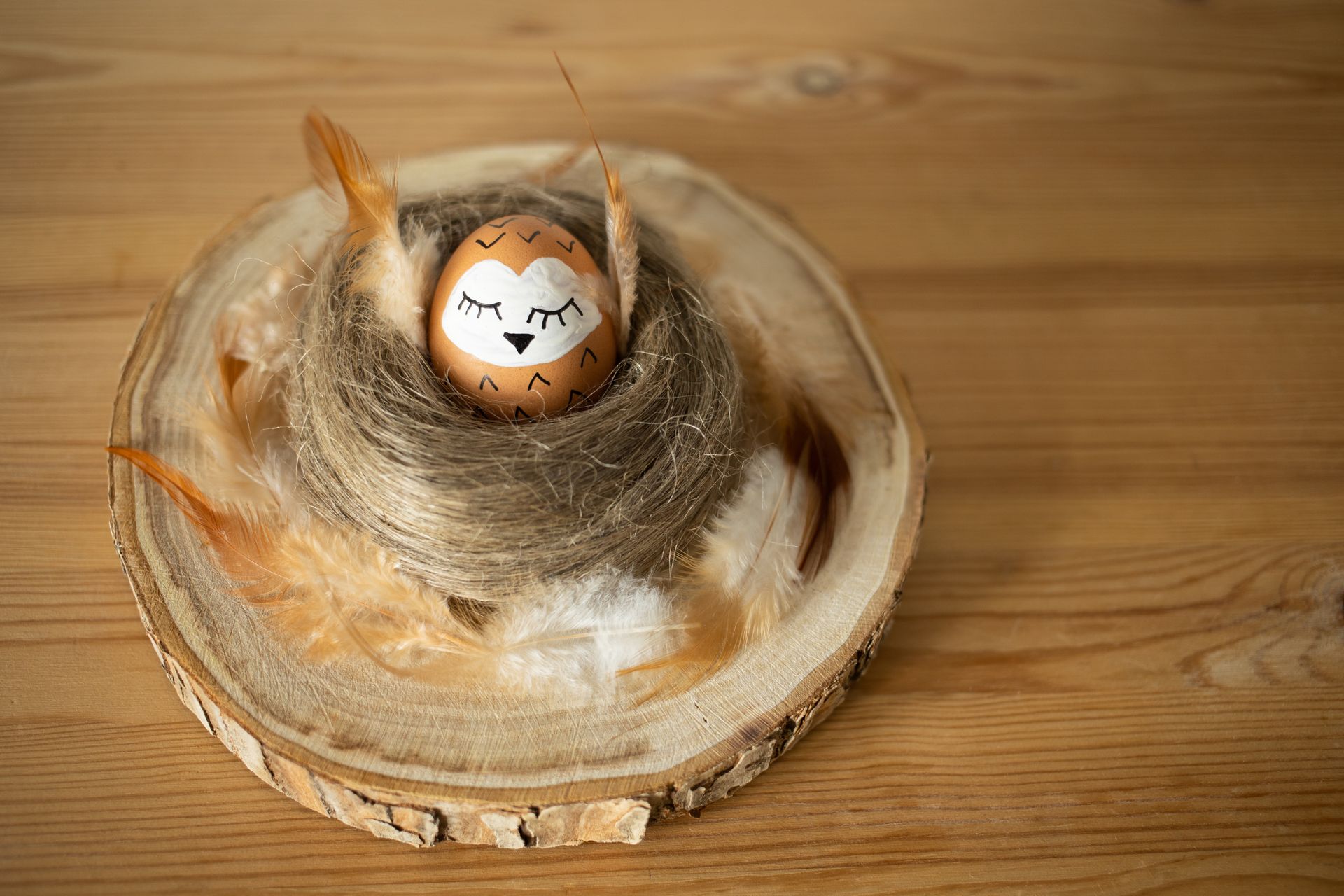 Decorative Easter egg styled as a bird nest with feathers on a wooden plate.