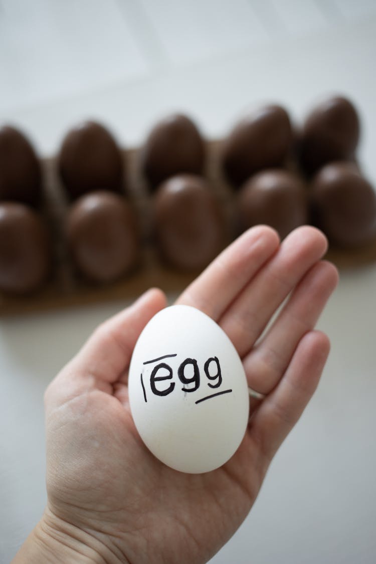 Text On Egg In Hand And Chocolate Eggs Behind