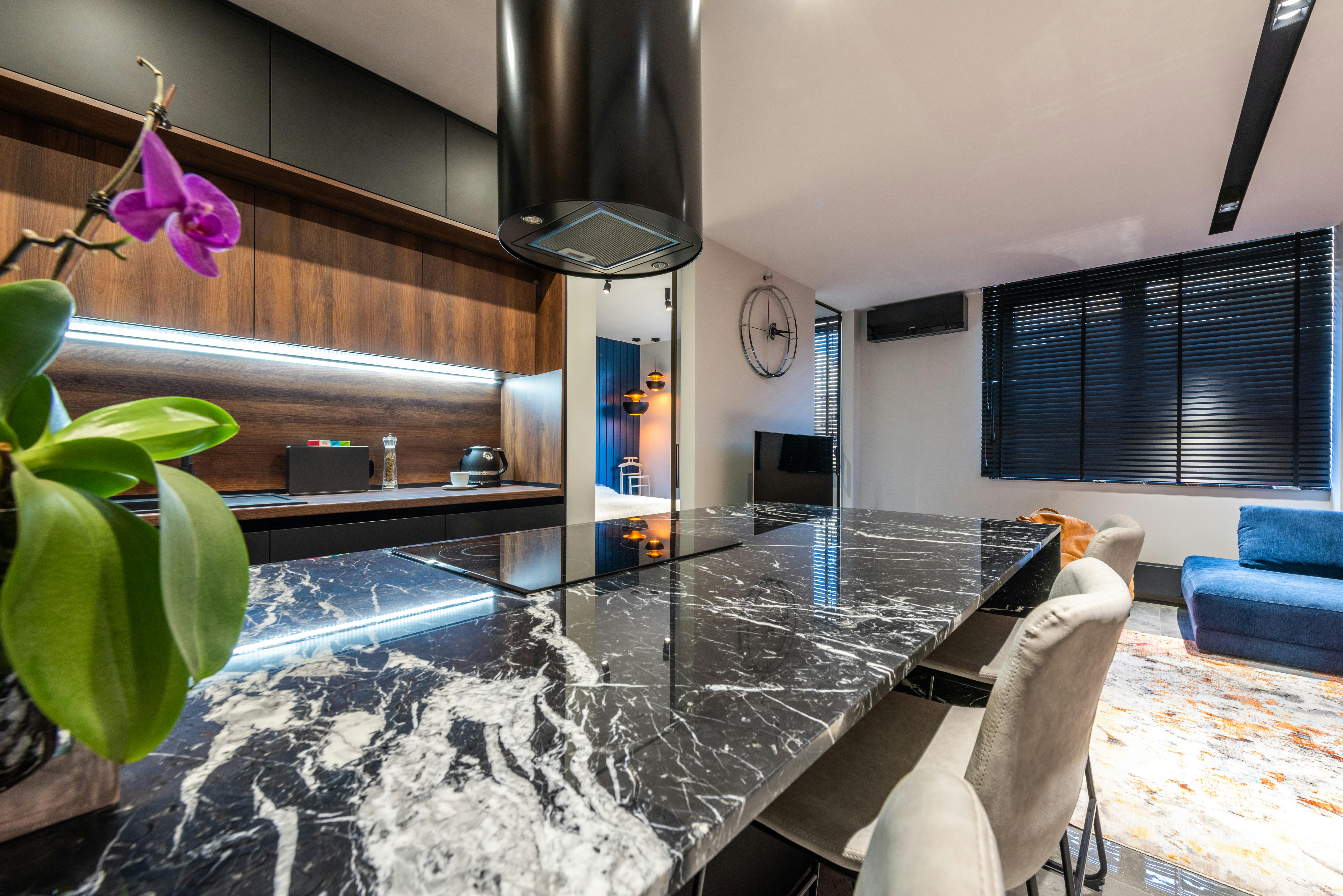 modern kitchen and room interior in light house