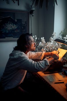 A thoughtful writer smokes a cigarette while working at a vintage desk, illuminated by moody lighting.