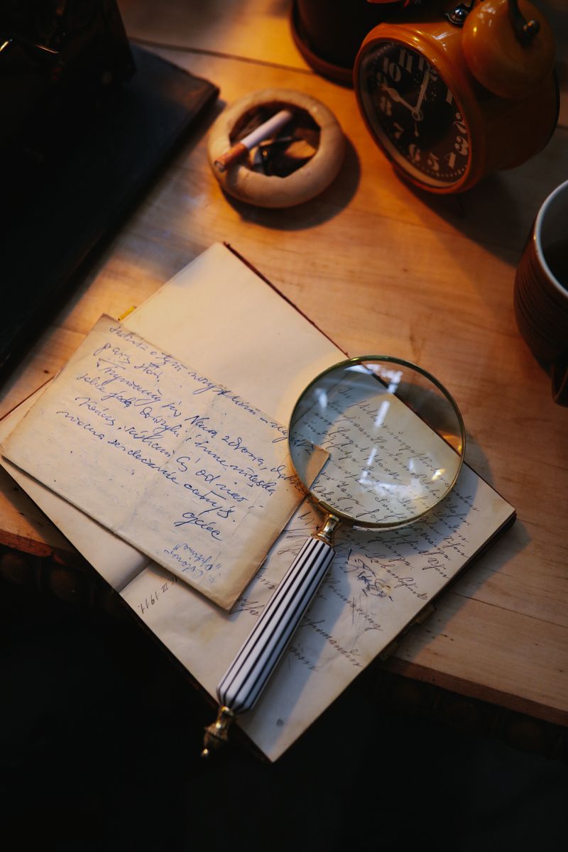 Magnifying glass resting on an open notebook with handwritten notes