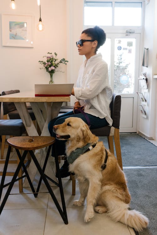 A Woman in White Dress Shirt Sitting at a Table Beside Brown Dog