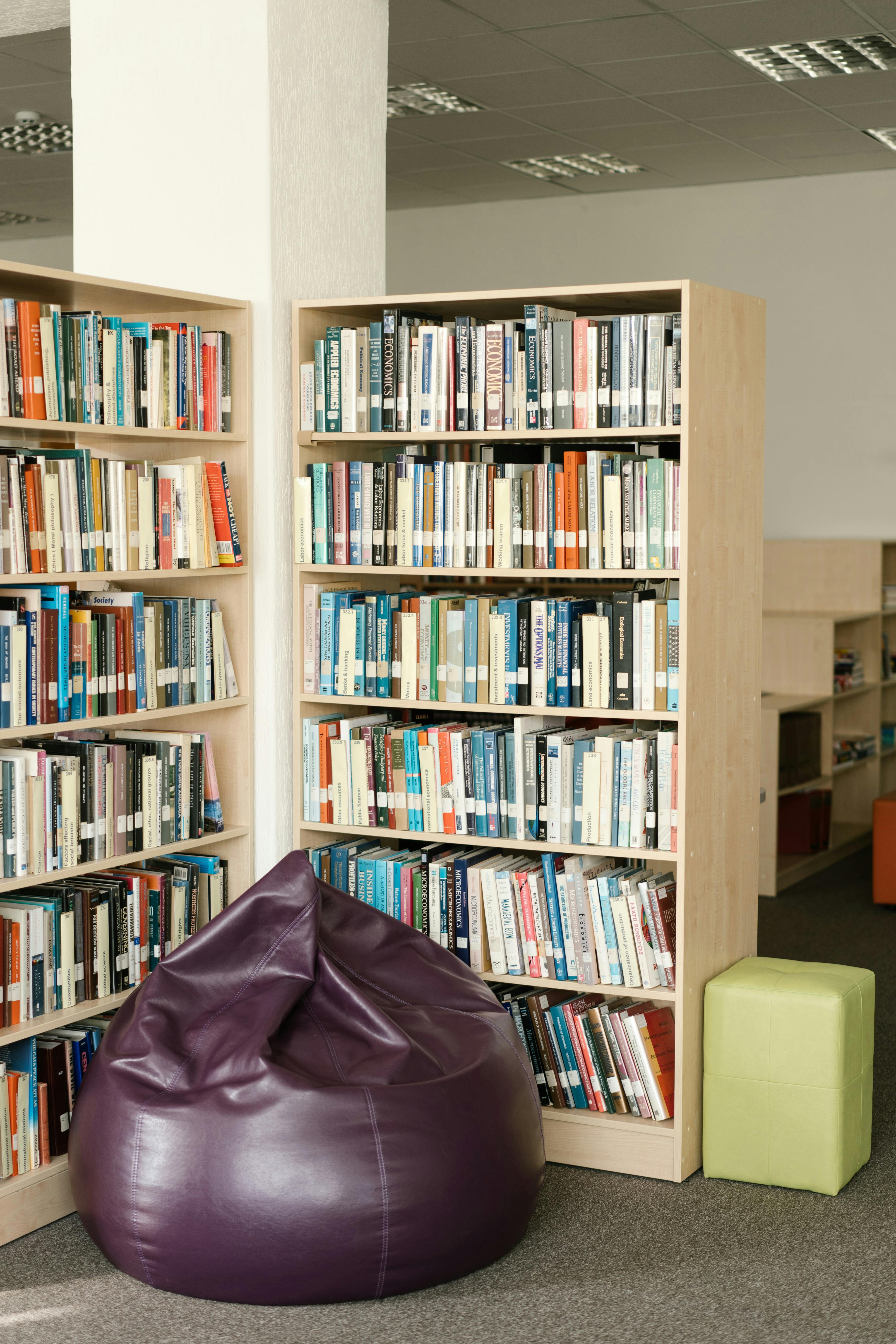 A cozy library corner with fully stocked bookshelves and a comfortable bean bag for reading.