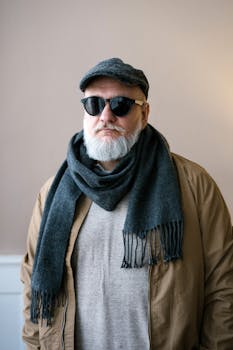 Elderly man in sunglasses and scarf posing indoors with stylish accessories.