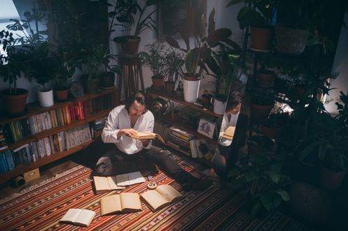 Free A man enjoying a book in a warm, plant-filled room with books scattered on an ornate rug. Stock Photo
