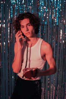 Stylish young man in a white tank top poses with a vintage telephone against a shimmering backdrop.