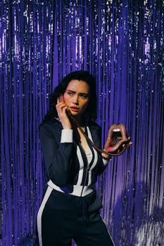 A young woman in a tracksuit holding an old-fashioned landline phone in a studio setting.