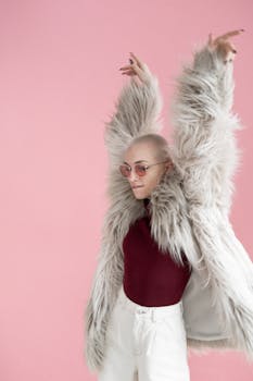 Model in a fur coat and sunglasses posing against a pink backdrop in a studio setting.