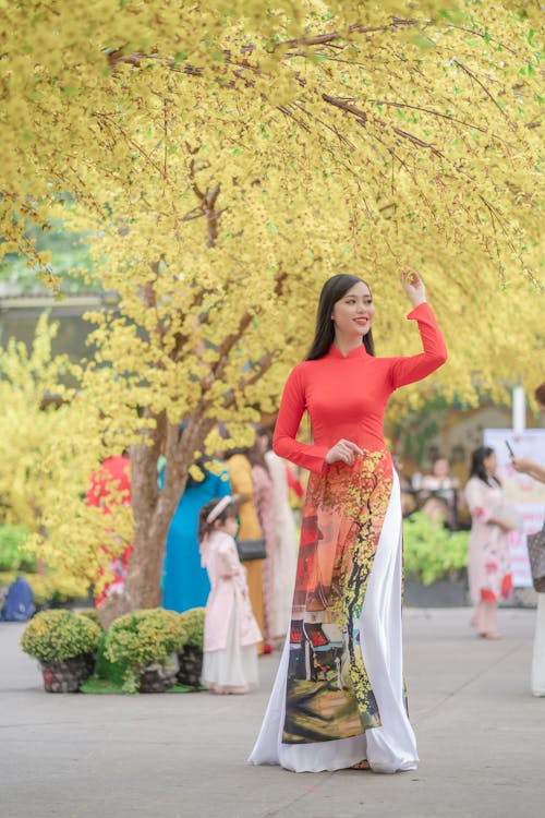 Woman in an Ao Dai Touching the Flowers of a Tree