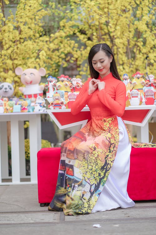 Free Young Vietnamese Woman Sitting in a Traditional Dress in Front of Figurines Stock Photo