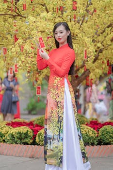 Asian woman in traditional Ao Dai dress with red envelopes, celebrating Lunar New Year.